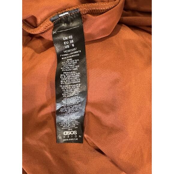 NWT ASOS DESIGN Mesh Ruched Drape Mock Neck Bodycon Midi Dress Rust Women's 6 - Picture 3 of 4